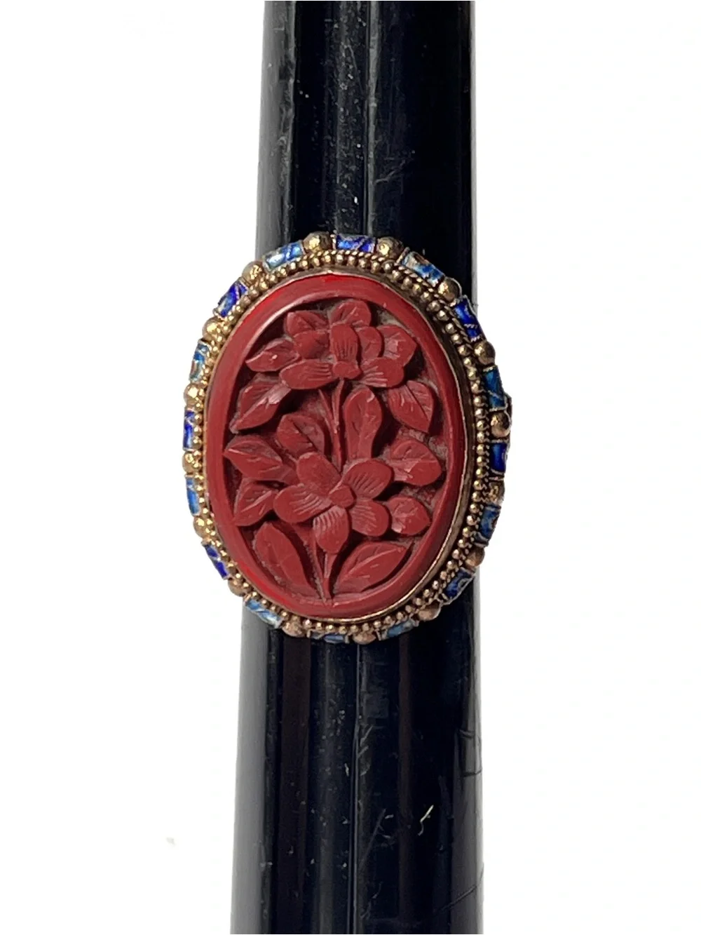 Antique Chinese Cinnabar Ring Carved Floral Silver Gold Gilt Enamel Adjustable